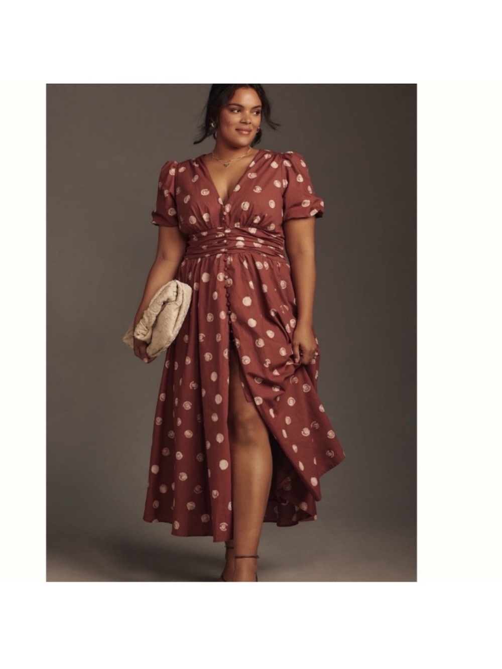 Anthropologie Rust Brown Maxi Dress with Pale Dot Print